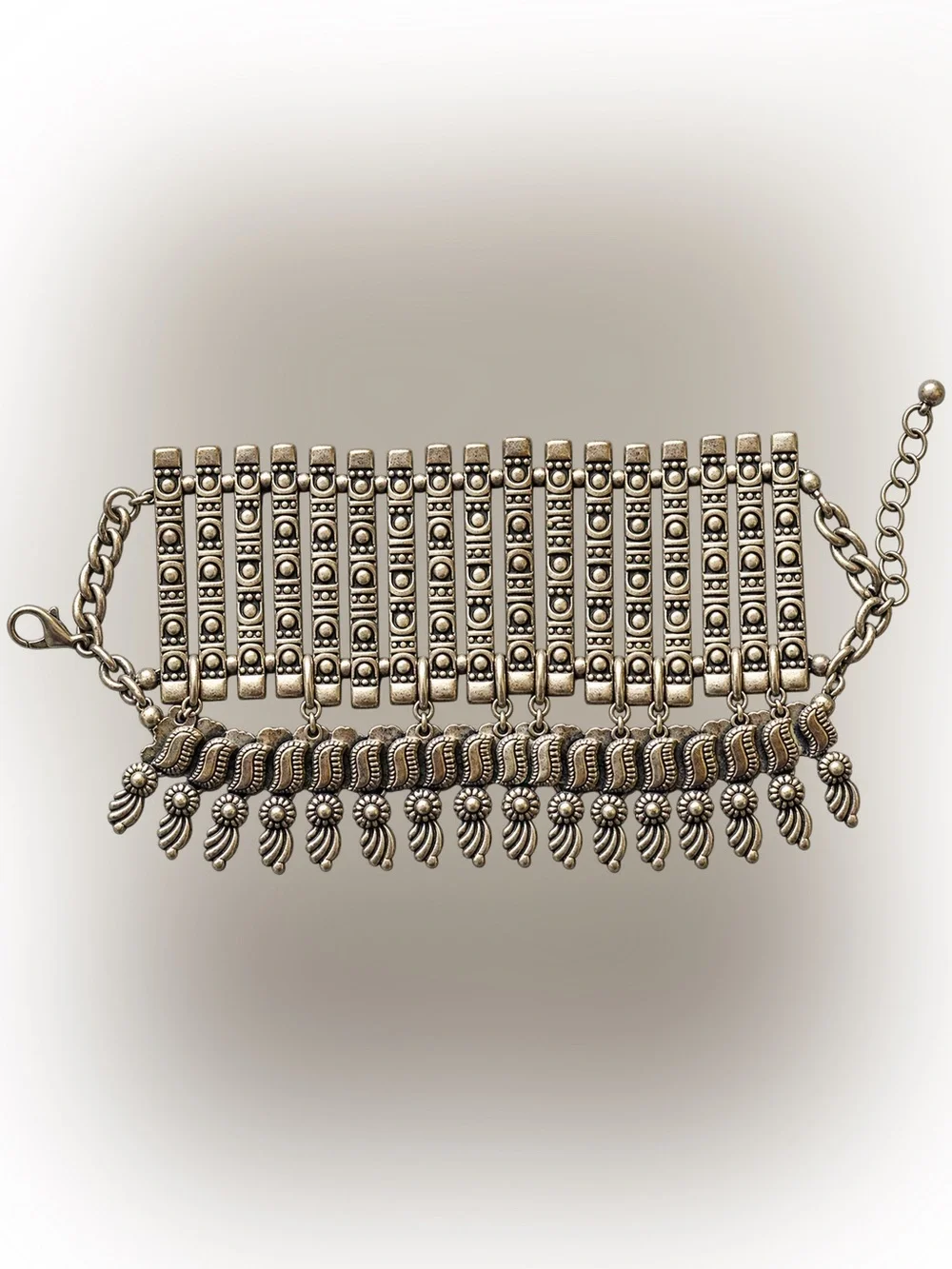 Ornate Silver Tone Wide Cuff Bracelet Boho Tribal Statement Fringe